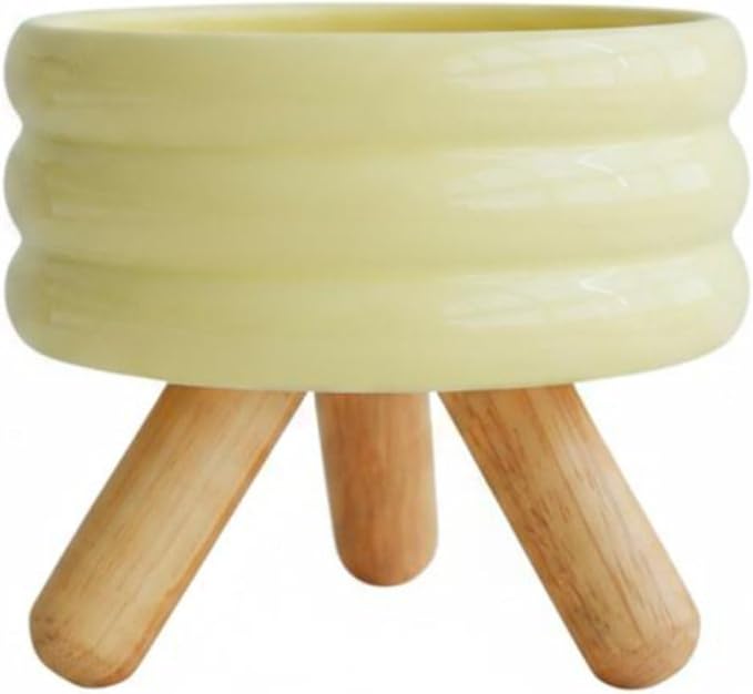 Industrial Dish Elevated Pet Feeding Stand Ceramic Bowl Wood Frame Stable Non Skid Neck Support Comfort Mealtime Organizer Suitable for Cats Dogs Home, Yellow