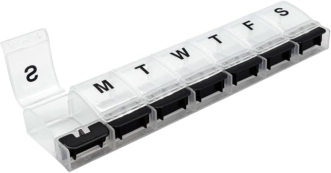 Ezy Dose Weekly (7-Day) Pill Organizer, X-Large Medicine Case, Black/White | Daily Vitamin & Supplement Planner, Spacious Push-Button Compartments, Convenient & Easy to Use, Travel-Friendly, BPA-Free