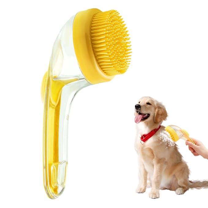 2025 New Pet Bath Brush, 2 in 1 Dog Bathing Grooming Massage Brush with Shampoo Dispenser, Dog Scrubber for Long Short Haired Dogs and Cats (Yellow)