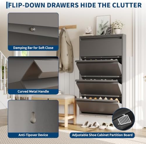 Garvee Slim Metal Shoe Cabinet with 4 Flip Drawers for Entryway, Dark Gray | Narrow Shoe Storage, Wall Mounted or Floor Standing, Detachable Bottom Corners for Flexible Placement, Anti-Tip Wall Mount