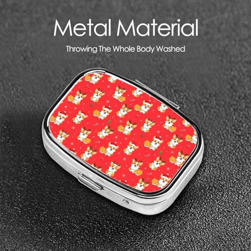 Square Pill Case 2-Compartment Medicine Organizer Portable Tablet Holder Travel Gym Office Use, Christmas Corgi Dogs Red