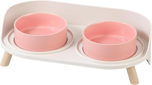 Raised Cat Food and Water Bowl Set - Elevated Ceramic Dishes with Non-Slip Stand and Splash Guard for Small Dogs - 2 x 320 ML (4.9 OZ) - Pink