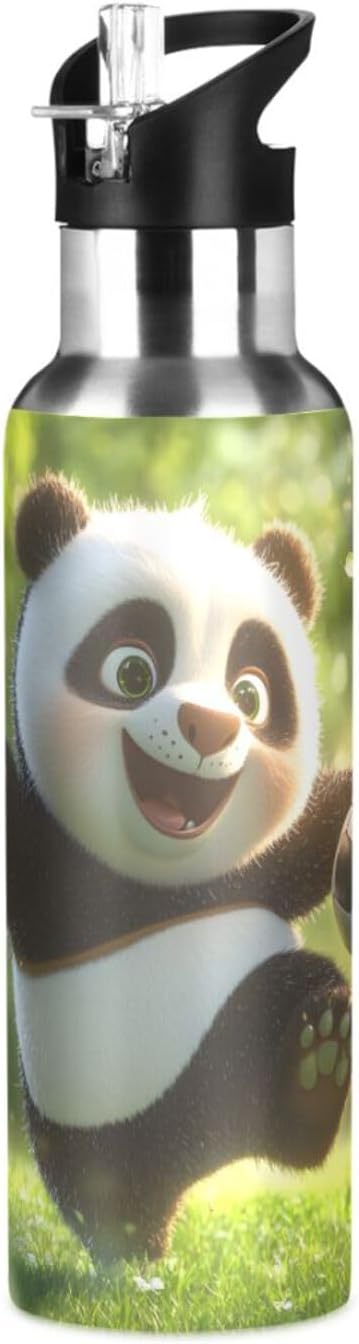 Panda Playing Football Water Bottle with Straw Lid Kids Insulated Stainless Steel Water Flask Sports, 20 Oz Hot Cold