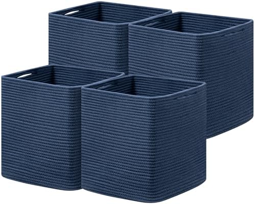 joybest 11inch Cube Storage Bins, Cotton Rope Woven Organizer Basket | Set of 4 Cube Bin Square Shelves Organizer Closet Storage, Nursery, Toy Organization, Navy Blue