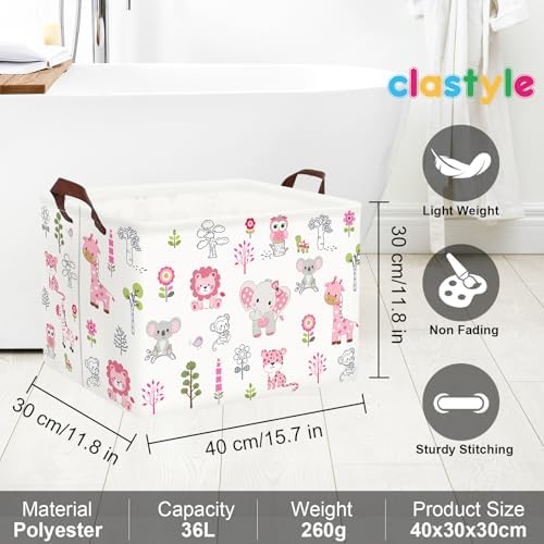 Clastyle Large Woodland Animal Baby Shower Bakset Pink Book Gift Bin, 36L | Foldable Dirty Clothes Toy Organizer Bin, Playroom Bedroom Bathroom, Girl Nursery Decor Laundry Hamper, Jungle Elephant Lion