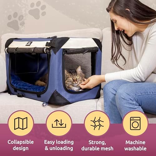 Dog & Cat Carrier, Large, Navy | Soft-sided, Fits Large Cat, 2 Cats, or Medium Dog Comfortably, Great for Travel & Vet Visits, Privacy Windows, Removable Bed