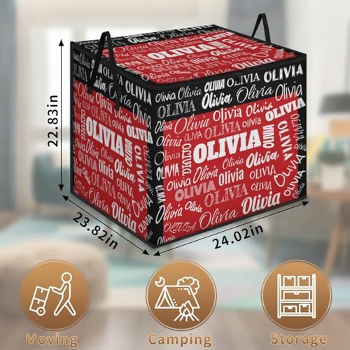 Personalized Extra Large Storage Basket with Lid, Comforters, Bedding Toys Black Red Color Storage Bin with Handles for Home, Collapsible Basket for Clothes, Moving, Car Trunk