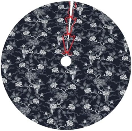 Christmas Tree Skirt, Soft Polyester Xmas Tree Skirts with Ribbon Ties, Rustic Farmhouse Holiday Party Decorations Indigo Dye Seamless Stencil Pattern 48"