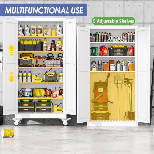 73.6" Metal Garage Storage Cabinet with Wheels and Locking Doors
