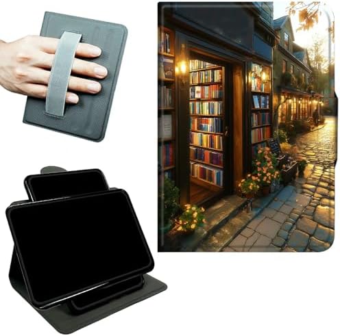 Rotating Handle Case for Samsung Galaxy Tab S8 Plus 2022/S7 FE 2021/S7 Plus 2020 12.4 Inch, 360 Degree Swivel Kickstand with Magnetic Closure Leather Protective Cover, Flower Library