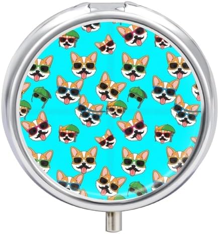 Round 3 Compartment Pill Container Cute Corgi Glasses, Cute Travel Pill Organizer for Purse Pocket Supplement Storage