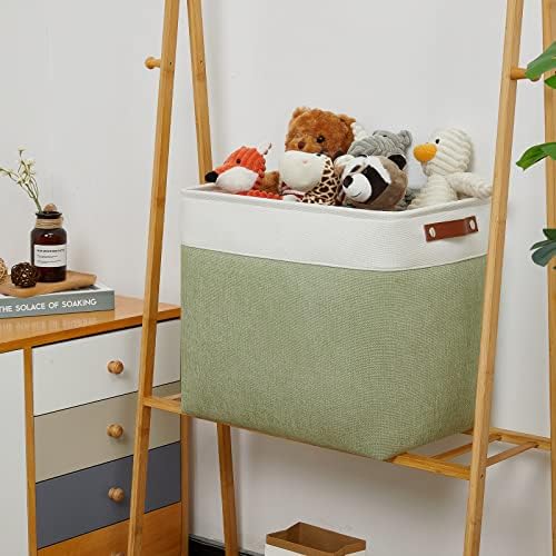 DULLEMELO Large Storage Basket 17"x12"x15", Fabric Storage Organizer Basket for Storage Clothes, Large Fabric Bin for Organizing Book, Storage Bin with Handles for Storage Toy (White&Green)