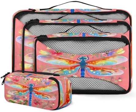 Dragonfly Pink Floral 4 Set Packing Cubes Luggage Organizer Bags for Travel Accessories and Essentials, Dragonflies Flower