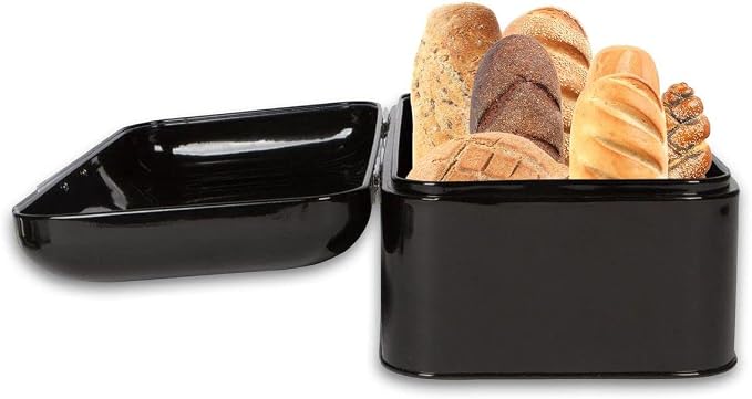 Extra Large Black Bread Box for Kitchen Countertop 16" x 9" Holds 2 Loaves | Stainless Steel Vintage Bread Boxes for Kitchen Counters