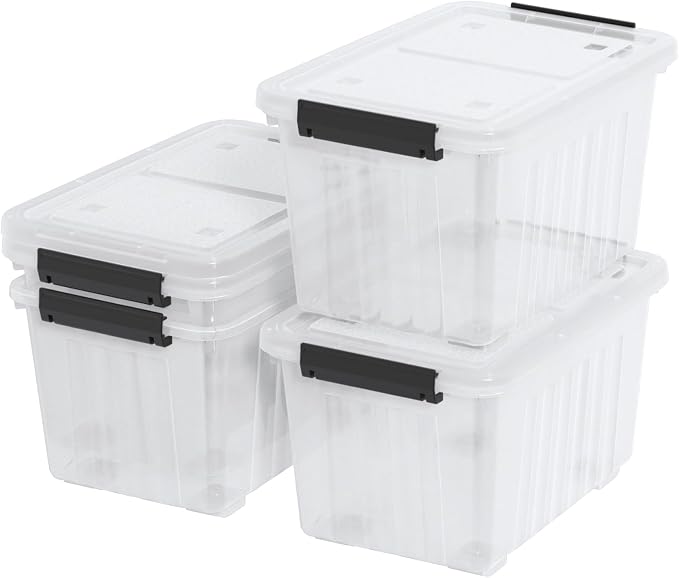 50 L Plastic Lidded Storage Bin, 4 Pack Clear Latching Storage Box | with 4 Bottom Wheels and 2 Buckle Latches, Stable Stacking