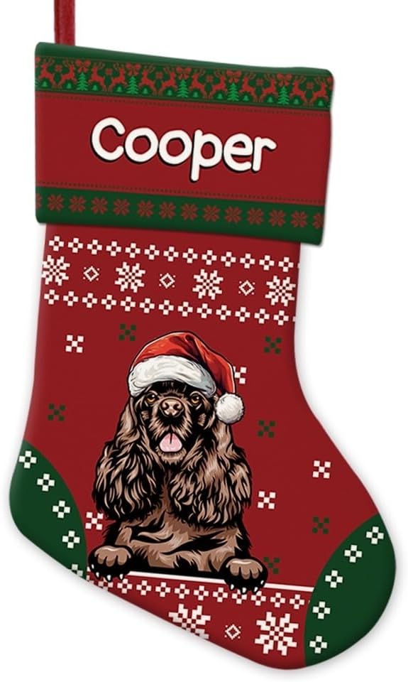 Personalized Christmas Stocking Cocker Spaniel Dog Red Christmas Snowflake Xmas Holiday Stocking Fireplace Home Decor 14"