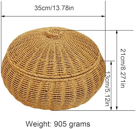 Round Rattan Boxes with Lid, Natural Woven Storage Basket Bin with Cover, Weaving Decorative Shelf Basket Snacks Tea Set Storage Box-13.78x13.78x8.27inch