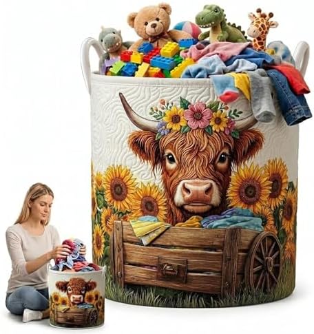 Sunflower Highland Cow Laundry Basket Wooden Cart Design Canvas Toy Storage Bin Large Clothes Hamper for Laundry Room Decor(14"x 18")