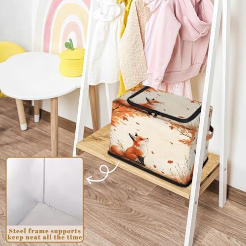 Fox Forest Animals Storage Bins with Zipper Lid Autumn Maple Foldable Fabric Organizer Box with Handles Rectangular Closet Clothes Organizer Containers