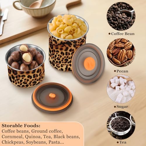 Leopard Print Coffee Canister with Lid Airtight Food Storage Containers 17oz Stainless Steel Canisters Kitchen Food Organizer for Beans, Cereal, Pasta, Flour, Sugar, Snacks
