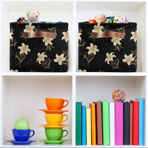 Kigai Lily Flower Storage Basket with Handles Waterproof Collapsible Storage Bin Canvas Fabric Basket Decorative Box Closet Organizer for Nursery Bedroom Office