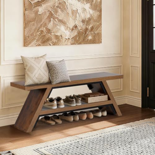 2-Tier Shoe Storage Bench, 47" Solid Wood Entryway Stool Storage | Narrow Shoes Racks for Entryway, Minimalist Multi-Purpose Bench for Hallway, Kitchen, Bedroom, or Dining Room
