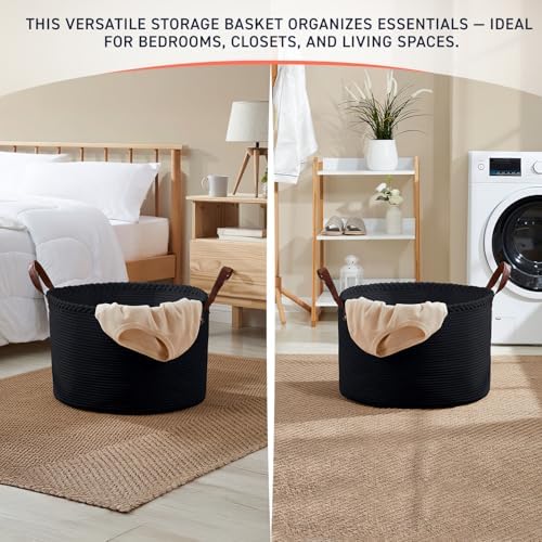 XLarge Round Cotton Rope Storage Basket, 21x21x14, Black