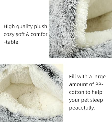 Dog Cave Bed for Small Dogs Cats Pets, Anti Anxiety Calming Plush Dog Beds, Fluffy Covered Hooded Cozy Burrow Puppy Beds, Anti-Slip Bottom Washable Pet Sleeping Bag (20" D, Grey)