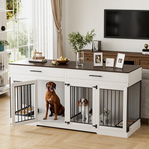 OUYESSIR Dog Crate Furniture, 72.05 Inch Large Dog Kennel with Dog Bowls & 2 Drawers, Wooden Double Dog House with Doors & Divider, Indoor Heavy Duty Dog Cage for Medium Large Dogs, White