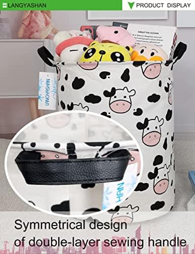 Round Laundry Basket Collapsible Storage Hamper Organizer Spotted Cow | Waterproof Canvas Foldable Baskets with sturdy Handles Multi-scene Organizer for Home Play Bedroom Gift Bin