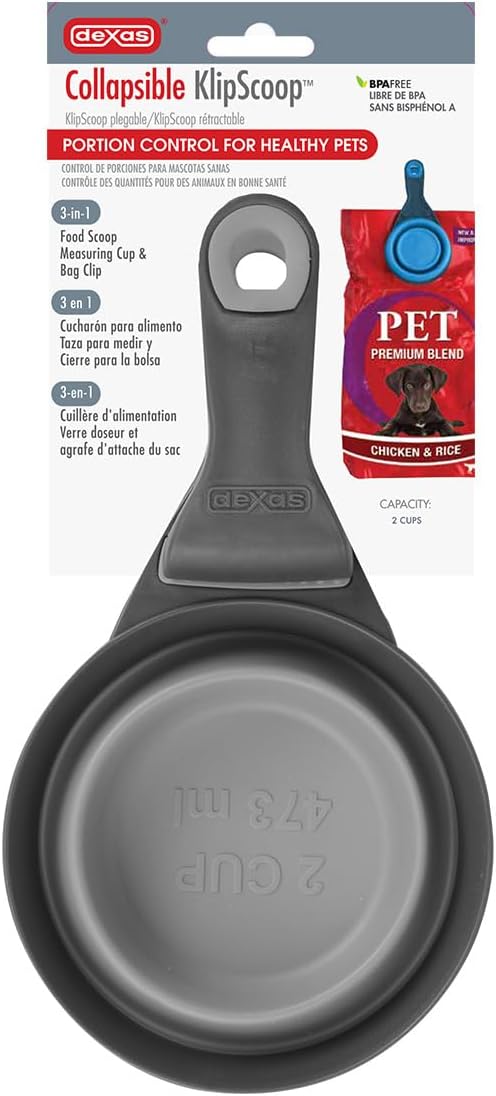 Dexas Popware for Pets Collapsible Klip Scoop, 3-in-1 Pet Food Scoop, Measuring Cup and Bag Clip, 2 Cup Capacity, Light Gray