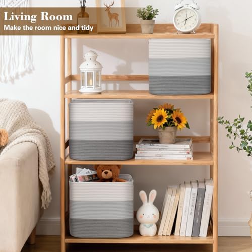 15×13 Inch Storage Cubes, 3 Pack Cube Storage Bins for Organizing, Cotton Rope Woven Baskets for Shelves, Bathroom, Kids Room, Closets, Baby Nursery