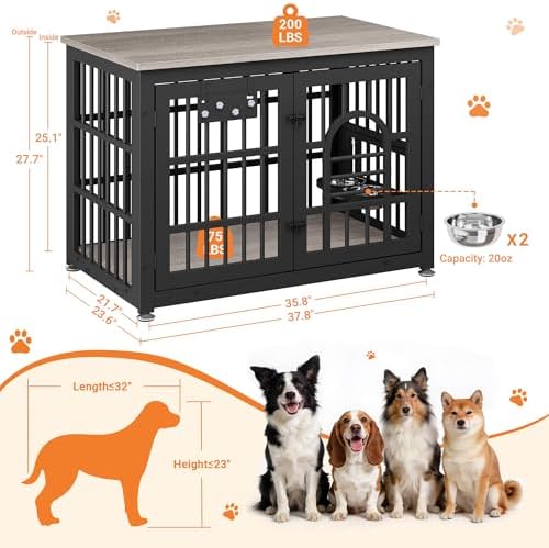 YaFiti 37.8" Dog Crate Furniture, Wooden Dog Kennel with Bowls, Grey | Adjustable Feeder, Name Tag, for Small/Medium Dogs, Chew-Resistant, Heavy Duty, Side End Table, Decorative Pet Cage