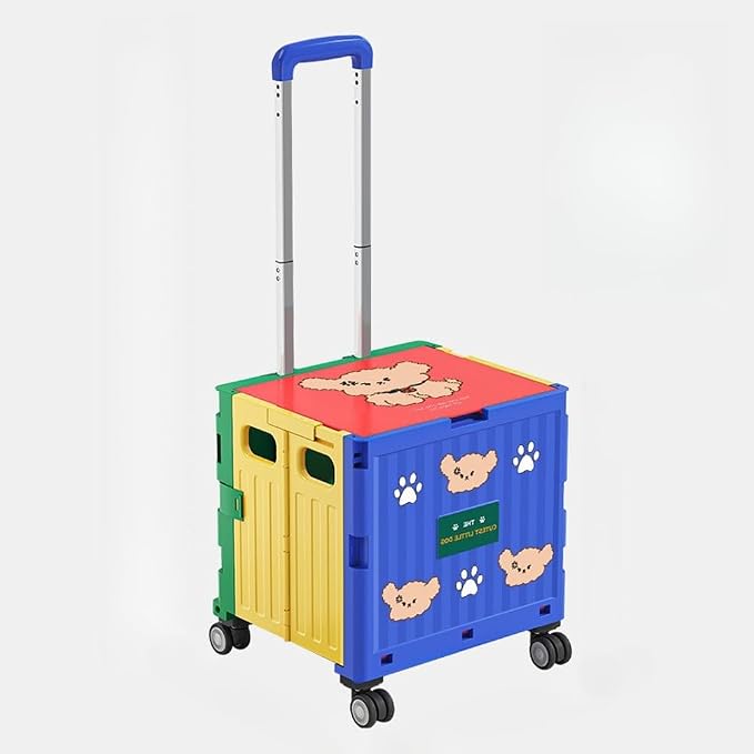 Collapsible Shopping Box Trolley on Wheels with Lid,75L Large Capacity Folding Portable Rolling Crate Handcart with Telescopic Handle for Camping (Evil Shake Fleece,Medium Four Wheel)