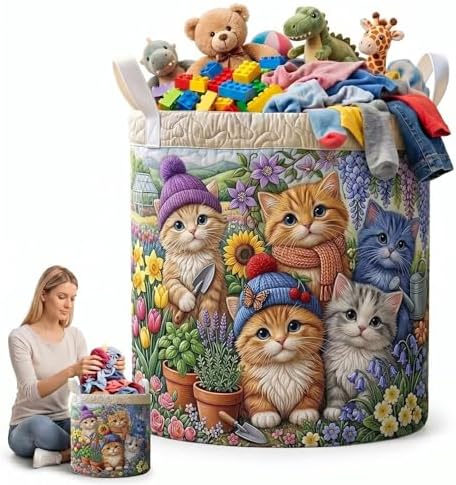 Quilted Laundry Hamper, Country Garden Print Storage Bucket with Handles, Rustic Style Fabric Clothes Organizer Bag for Home(14"x 18")