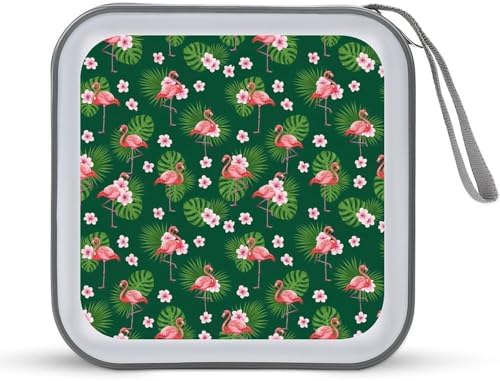 Portable DVD CD Organizer Wallet Flroal Palm Leaf Flamingo Green, 40-Capacity Hard Case with Strap, Protective Storage Binder for Car Home