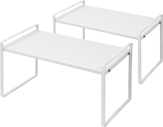 Nxconsu Stackable Cabinet Shelf Organizer 2 Pack, Standard Tall White | Heavy-Duty 3mm Steel Stackable 2-Tier Shelf, Holds 50 lb, for Kitchen Cabinet Pantry Cupboard Counter Bathroom Under Sink
