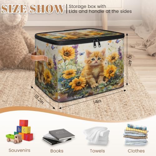 Cat Floral Storage Box with Zipper Lid | Collapsible, Fabric, Storage Bin, Handle, Large, Closet Organizer, Containers, Bedroom, Home, Yellow Sunflower