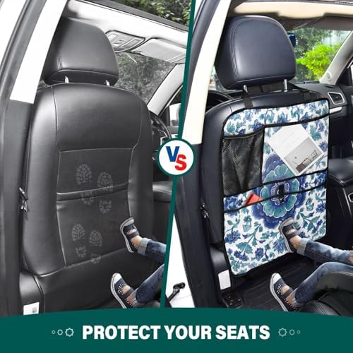 1 Pack Back Seat Car Organizer with Storage Pockets Kick Mats Back Seat Protector Hanging Car Organizer Automotive Seat Back Cover Organizers Floral Blue and White Vine