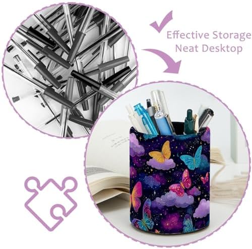 Faux Leather Pen Holder for Desk, Pencil Organizer Butterfly Pen Cup Desk Decor Makeup Brush Holder Storage for Office Home