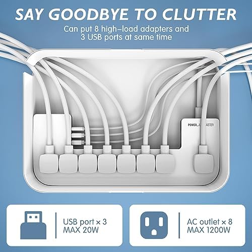 Power Strips with Cable Management Box, Surge Protector, White | Cord Organizer with 8 Outlets 3 USB Ports Switch Control, 6.6 ft Plug Extension Cord, Charging Station for Dorm, Office, Home