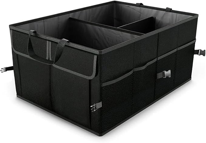 8sanlione Car Trunk Organizer, 3 Compartments, 7 Storage Areas, Black1 | For sedans, SUVs, vans, woven fabric shell, side grips, light-item sorting, wipe-clean care, automotive interior accessories