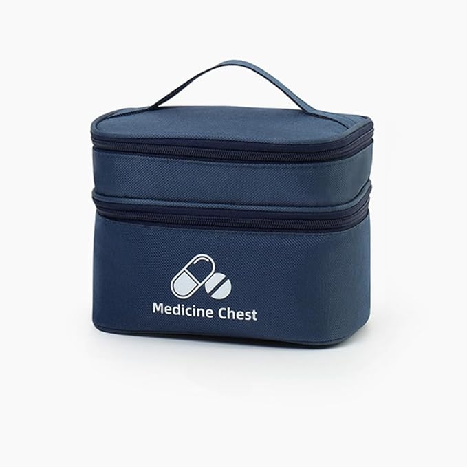 Dual Layers First Aid Bag Empty with Lockable Zipper,Pill Bottle Organizer Storage Bags,Household Medicine Storage Bag for Home Pills Vitamins Emergency Supplies Travel (Navy Blue,7.48×5.51×5.51inch)