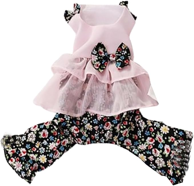 Vintage Floral Bowknot Sleeveless Romper for Small Dogs Cats Rabbits, Breathable Cotton Ruffle Flared Pants, Teacup to Small-Medium Pets for Walk Photo Vacation (Pink-Floral, X-Large)