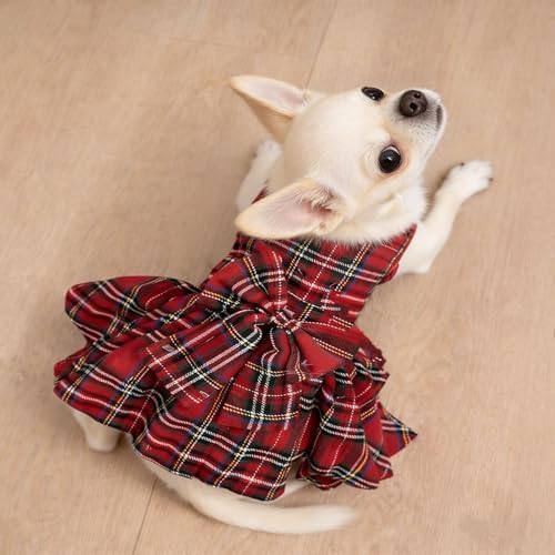 Classic Plaid Dog Dress with Bow Tie for Small Dogs Cats Girls, Cute Puppy Dresses Clothes with Bowknot Chihuahua French Bulldog Pet Apparel Outfits (Cranberry Red, X-Small)