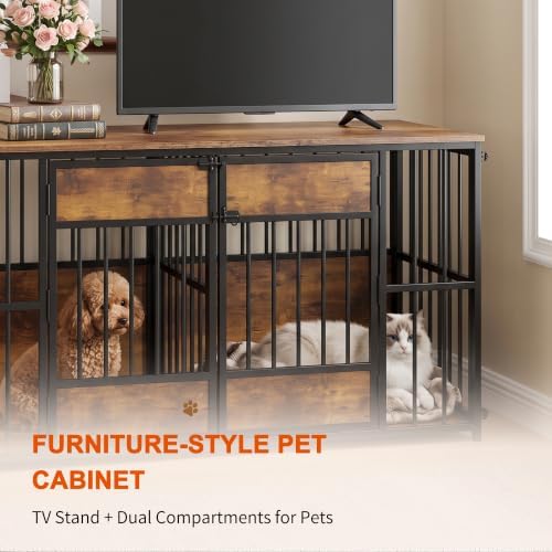 Semiocthome Dual Compartment Furniture Dog Crate, Antique Brown | Sturdy Metal Bars Dog Kennel with 4 Large Gates and Wood Storage Top, Indoor Pet Cage for Small and Medium Size Dogs