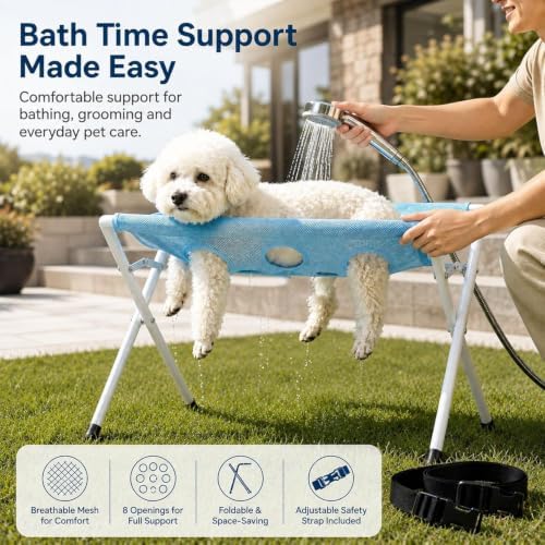 Foldable Pet Bathing Stand, Mesh‑Surface Grooming Stand for Small Pets (Pink) | Portable Dog Grooming Shower Rack with 8 Holes & Adjustable Straps, Foldable Metal Frame for Daily Pet Care and Bathing