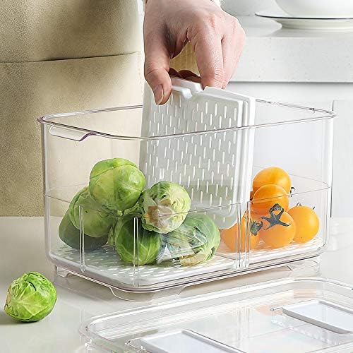 SANNO Refrigerator Food Storage Containers Stay Fresh,Food Storage Container Bin Stackable Refrigerator Freezer Organizer Fresh Keeper Drawers with Vented Lids and Removable Drain Tray