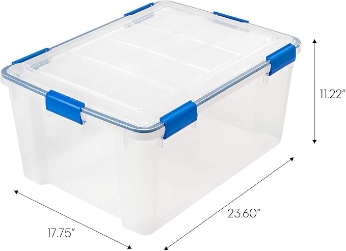 IRIS USA 3-Pack 60 Qt Storage Bins with Gasket Lids, Clear/Blue | WeatherPro seal helps protect bulky items for moving, garage, attic and basement storage