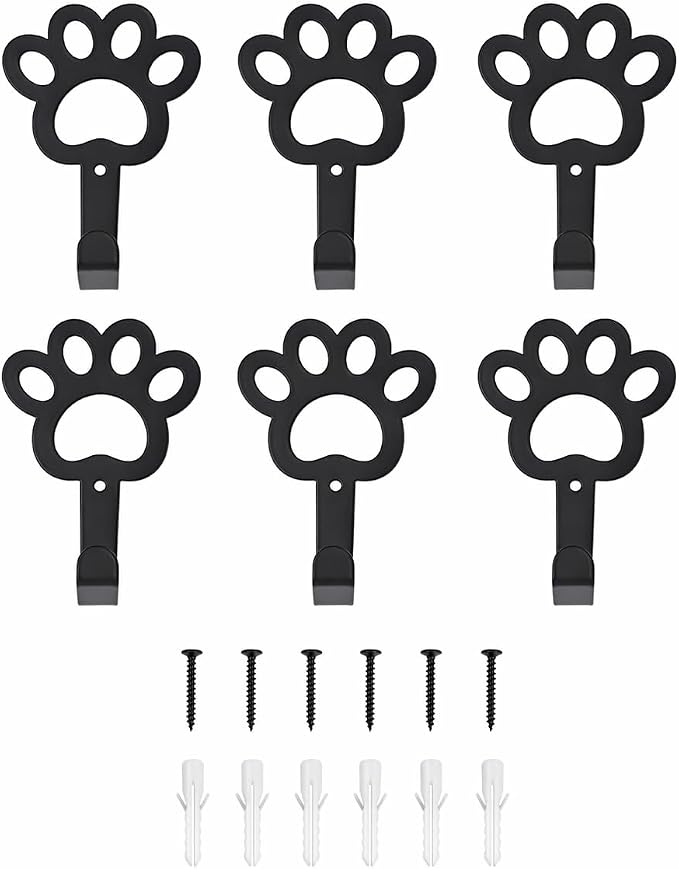 6PCS Dog Paw & Wall Hooks Set – Heavy-Duty Pet Leash Hanger Organizer Set for Entryway, Hallway, Kitchen – Metal Hooks for Collars, Leashes & Small Items